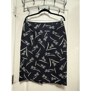 Ann Taylor Navy Blue Pineapple Floral Pencil Skirt Women's 10 tropical coastal